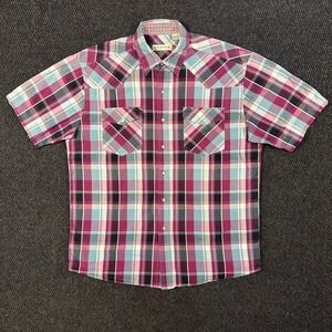 Roper Western Pearl Snap Shirt Mens L Purple Plaid Short Sleeve Cowboy Rodeo